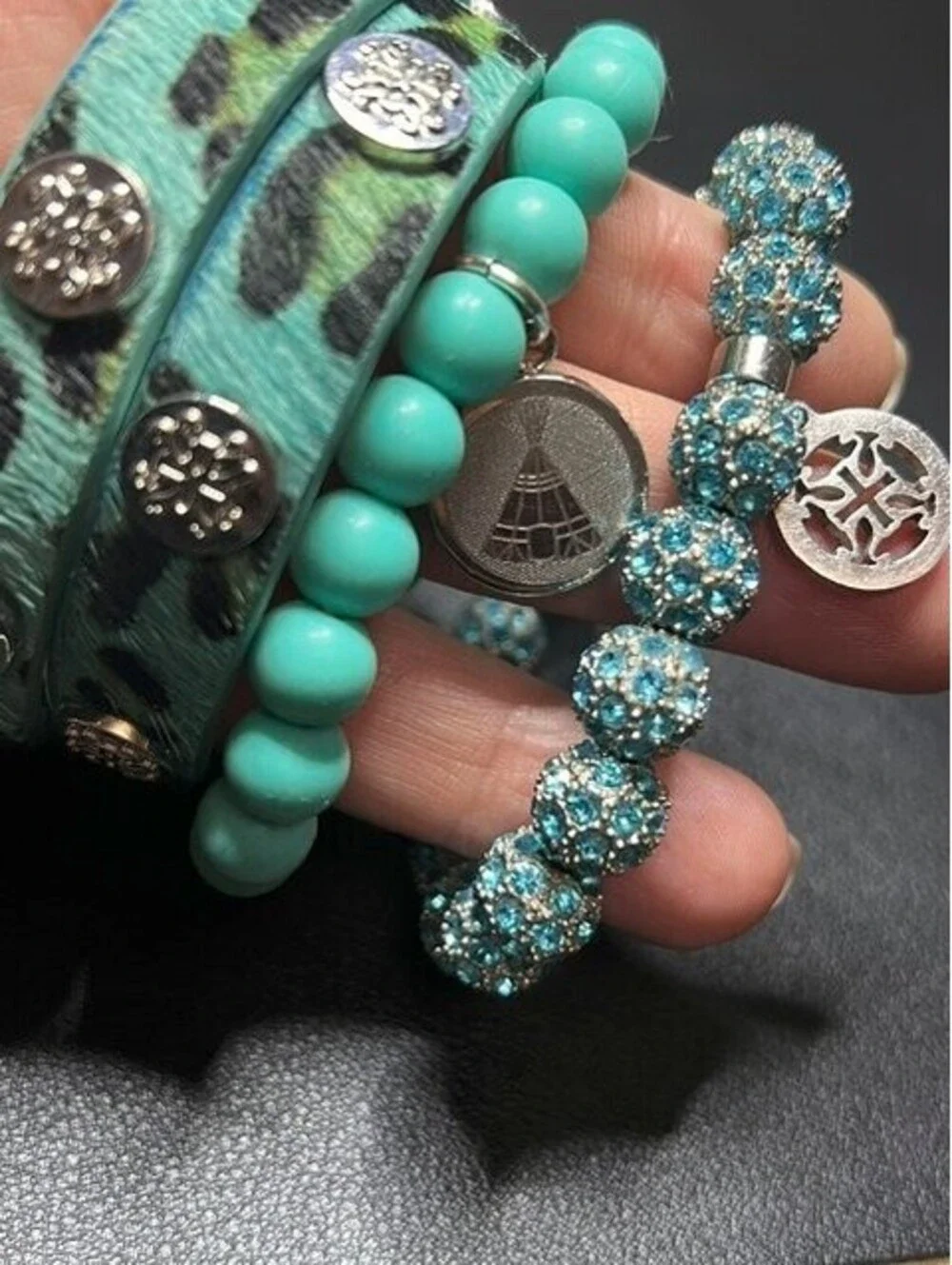 B66231 3pc Rustic Cuff Turquoise Animal Beaded Crystal Charm Bracelet Stack
